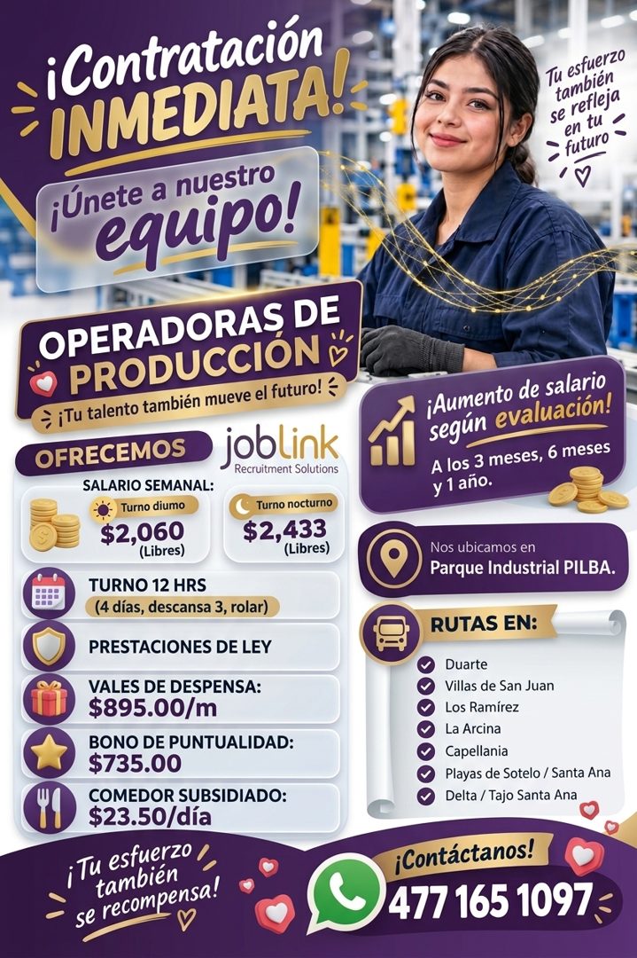 Banner del anuncio de la vacante: ¡Contratación · INMEDIATA! · ¡Únete a nuestro · equipo! · OPERADORAS DE · • PRODUCCIÓN " · → ¡Tu talento también mueve el futuro! · OFRECEMO