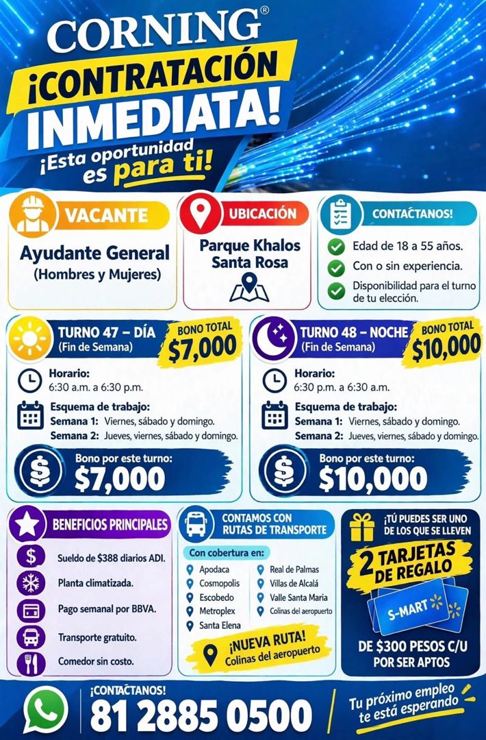 Banner del anuncio de la vacante: CORNING® · ¡CONTRATACIÓN · INMEDIATA! · ¡Esta oportunidad · es para ti! · VACANTE · UBICACIÓN · CONTACTANOS! · Ayudante General · (Hombres y