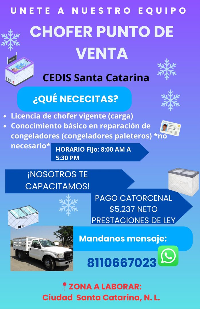 Banner del anuncio de la vacante: UNETE A NUESTRO EQUIPO · CHOFER PUNTO DE · VENTA · CEDIS Santa Catarina · ¿QUÉ NECECITAS? · • Licencia de chofer vigente (carga) · • Conocim