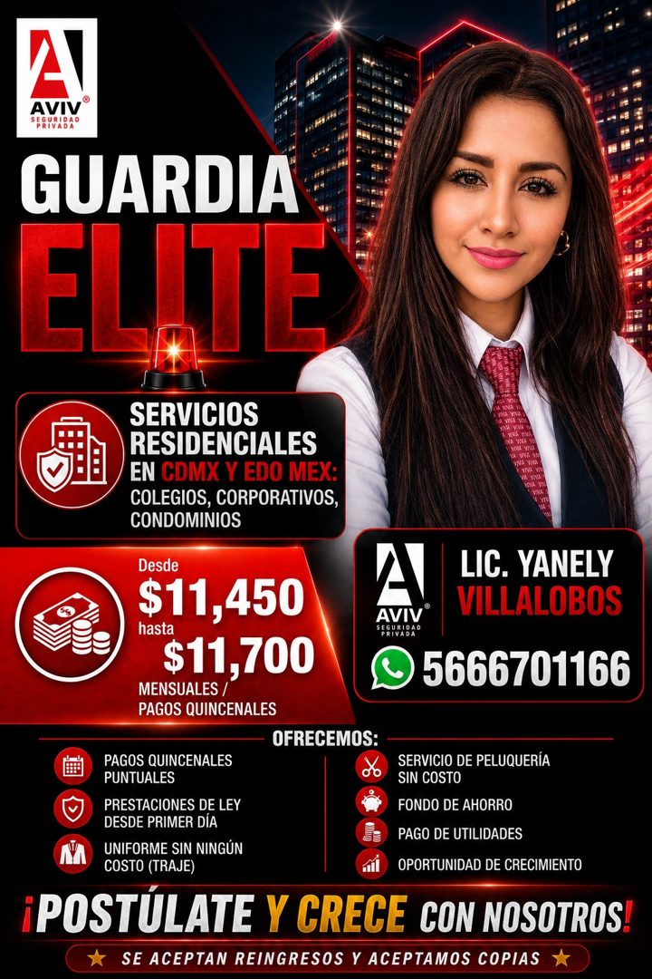 Banner del anuncio de la vacante: A · AVIV® · SEGURIDAD · PRIVADA · GUARDIA · ELITE · SERVICIOS · RESIDENCIALES · EN CDMX Y EDO MEX: · COLEGIOS, CORPORATIVOS, · CONDOMINIOS ·