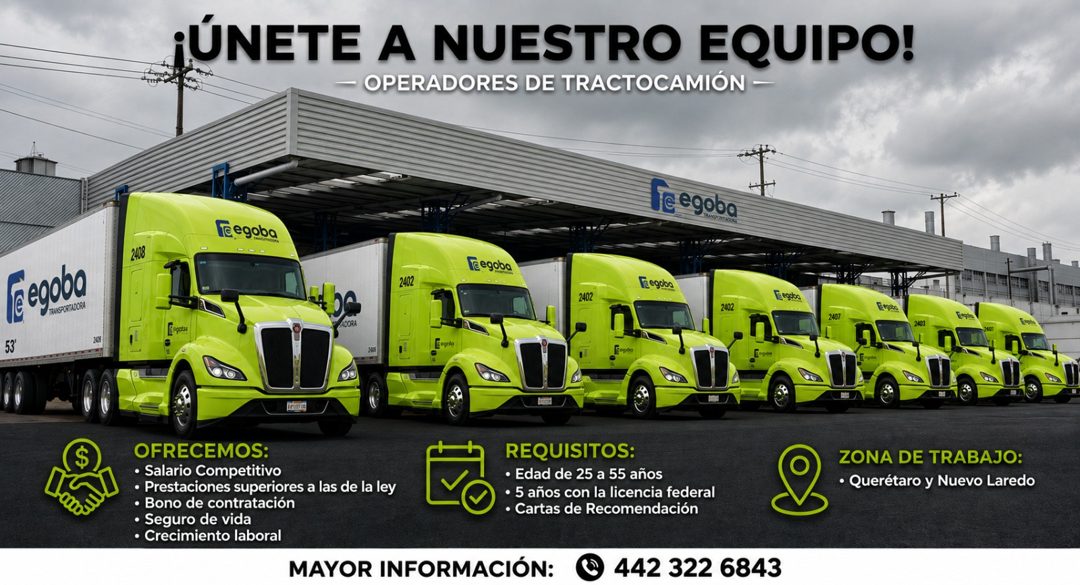 Banner del anuncio de la vacante: ¡ÚNETE A NUESTRO EQUIPO! · - OPERADORES DE TRACTOCAMIÓN - · reegoba · Regoba · 2408 · Esparts · 53' · OFRECEMOS: · • Salario Competitivo · •