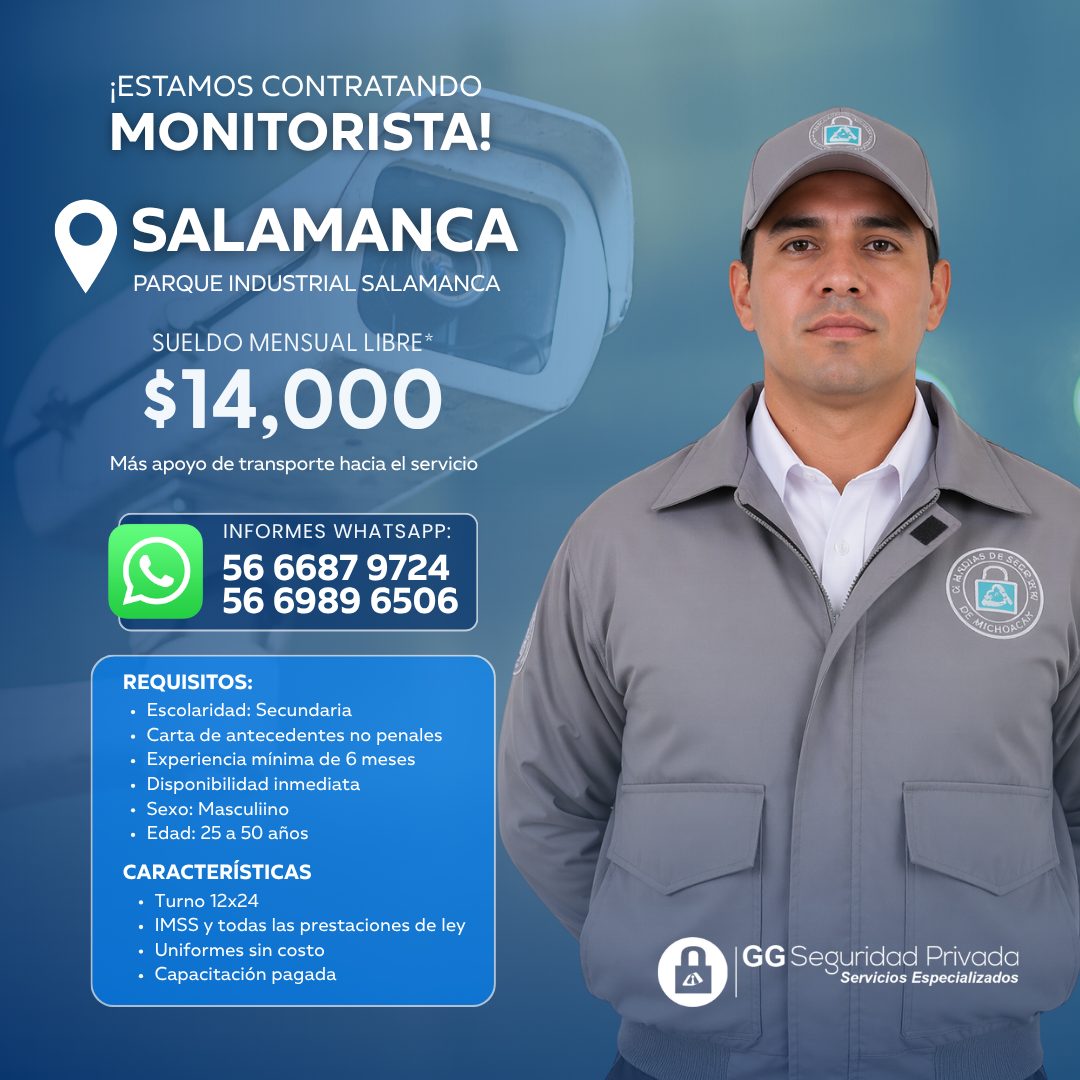 Banner del anuncio de la vacante: ¡ESTAMOS CONTRATANDO · MONITORISTA! · SALAMANCA · PARQUE INDUSTRIAL SALAMANCA · SUELDO MENSUAL LIBRE* · $14,000 · Más apoyo de transporte ha