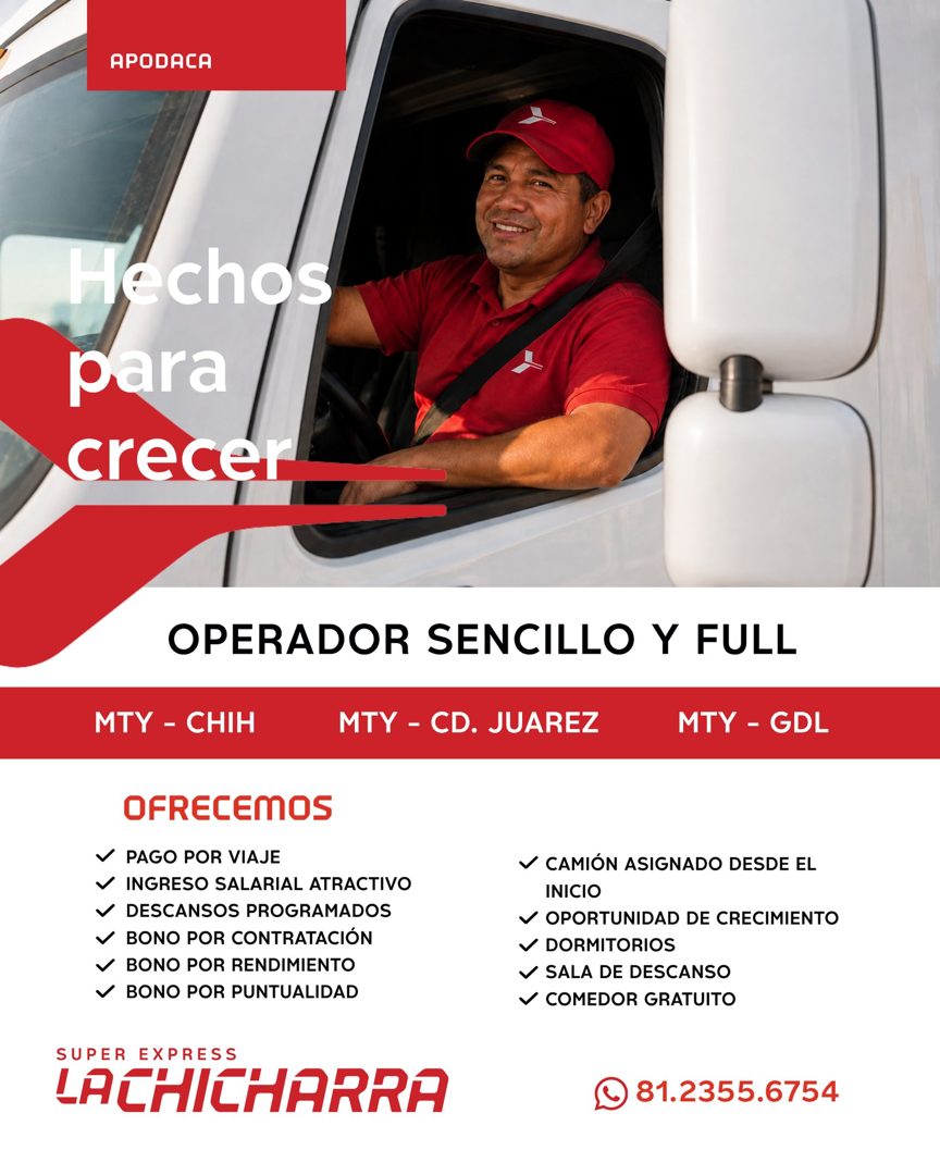 Banner del anuncio de la vacante: APODACA · Hechos · crecer · OPERADOR SENCILLO Y FULL · MTY - CHIH · MTY - CD. JUAREZ · MTY - GDL · OFRECEMOS · V PAGO POR VIAJE · V INGRESO 