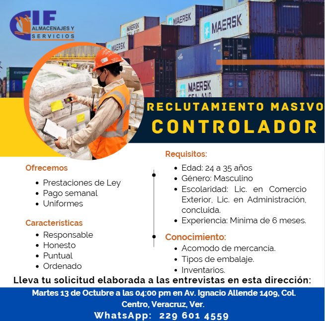 Banner del anuncio de la vacante: IF · ALMACENAJES Y · SERVICIOS · EL NA ERSK · VIEREN · MAERSK · ANAEREIK · MAERSK · GEN AND · RECLUTAMIENTO MASIVO · CONTROLADOR · Requisito
