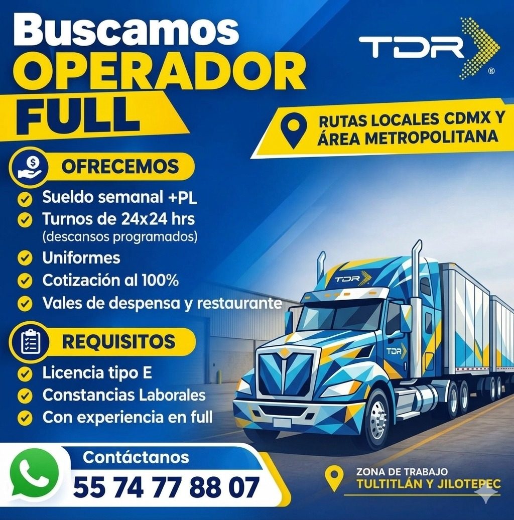 Banner del anuncio de la vacante: Buscamos · OPERADOR · FULL · OFRECEMOS · Sueldo semanal +PL · Turnos de 24x24 hrs · (descansos programados) · Uniformes · Cotización al 100%