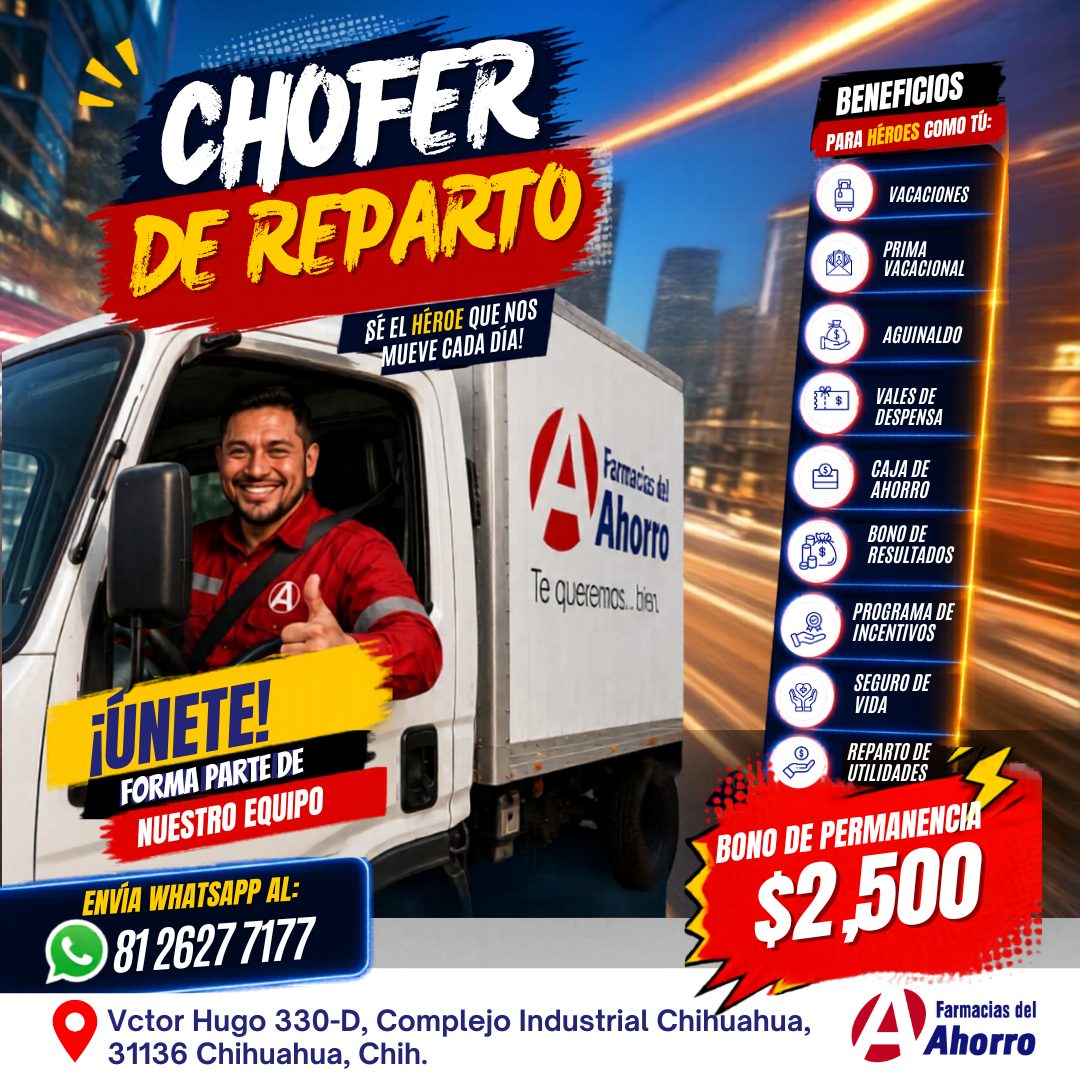 Banner del anuncio de la vacante: CHOFER · DE REPARTO · SÉ EL HÉROE QUE NOS · -MUEVE CADA DIA! · tamaris del · Ahorro · Te queremos.bien · PUNETE! · FORMA PARTE DE · NUESTRO 
