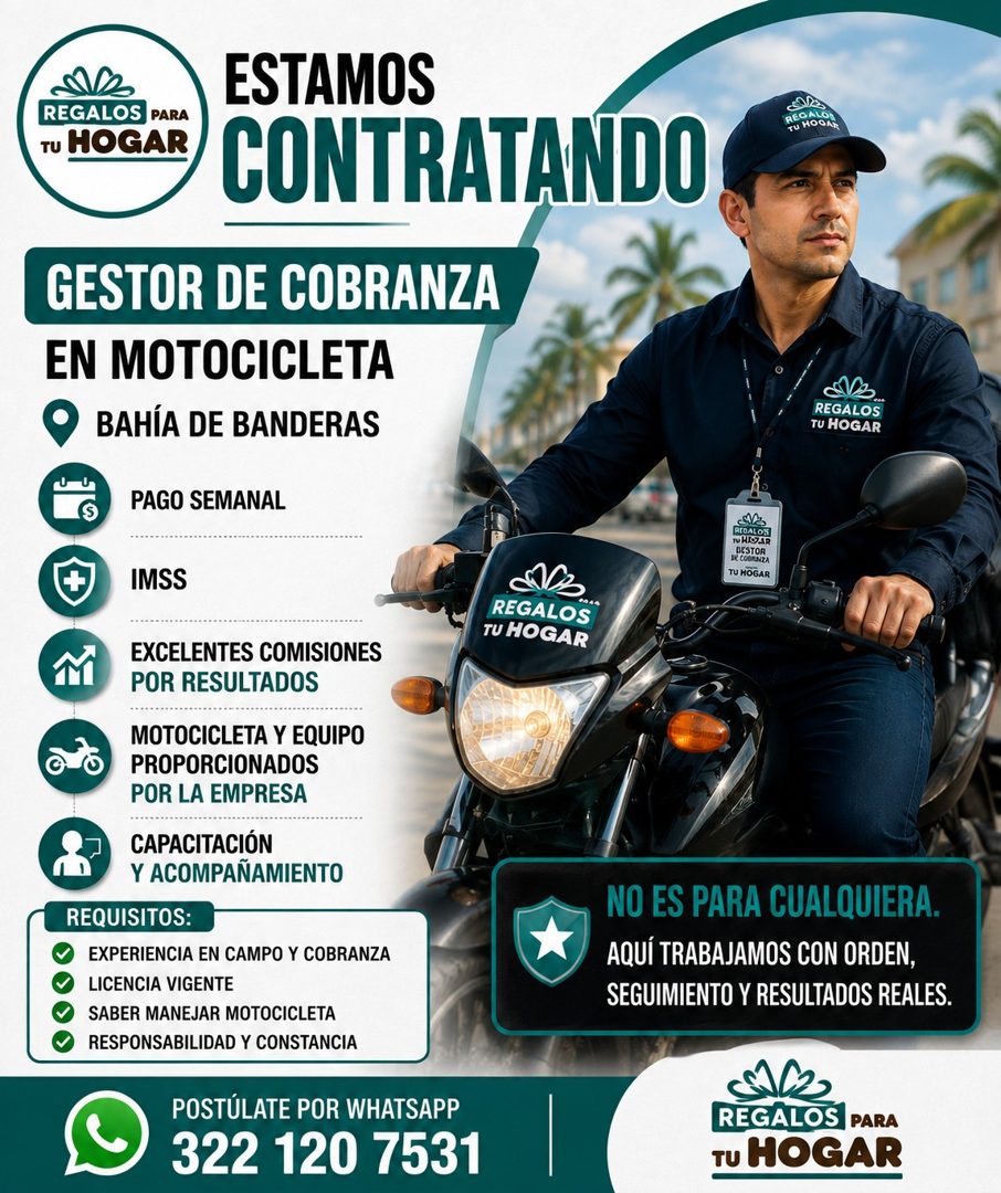 Banner del anuncio de la vacante: REGALOS · PARA · TU HOGAR · ESTAMOS · CONTRATANDO · REO MON · TU HOGAR · GESTOR DE COBRANZA · EN MOTOCICLETA · BAHÍA DE BANDERAS · REGALOS ·