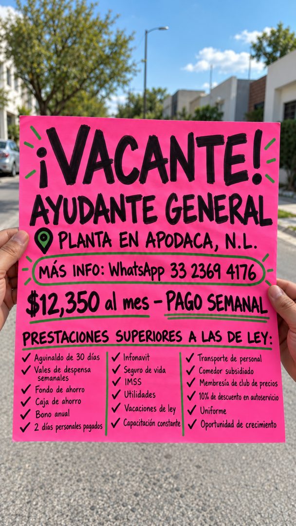 Banner del anuncio de la vacante: ¡VACANTE! · AYUDANTE GENERAL · PLANTA EN APODACA, N.L. · MÁS INFO: WhatsApp 33 2369 4176 · $12,350 al mes - PAGO SEMANAL · PRESTACIONES SUPE