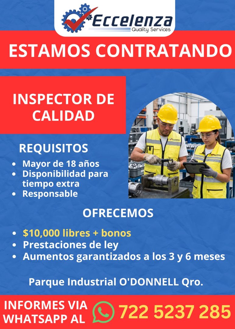 Banner del anuncio de la vacante: *Eccelenza · - Quality Services · ESTAMOS CONTRATANDO · INSPECTOR DE · CALIDAD · /*Eccelenza · REQUISITOS · • · Mayor de 18 años · • · Dispo