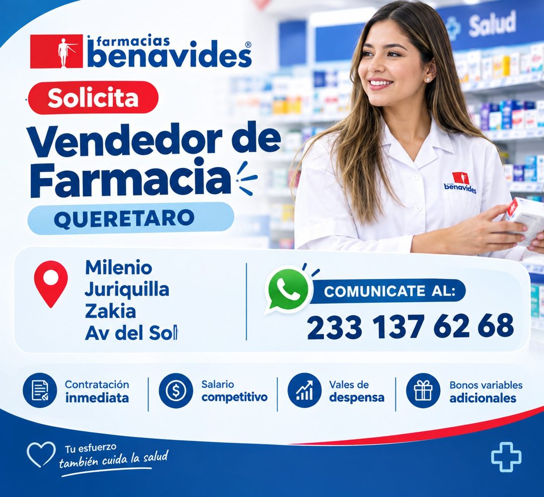 Banner del anuncio de la vacante: marmacio · nenavid es · Solicita · Vendedor de · Farmacia‹ · QUERETARO · Milenio · Juriquilla · Zakia · Av del Soli · Contratación · inmedia