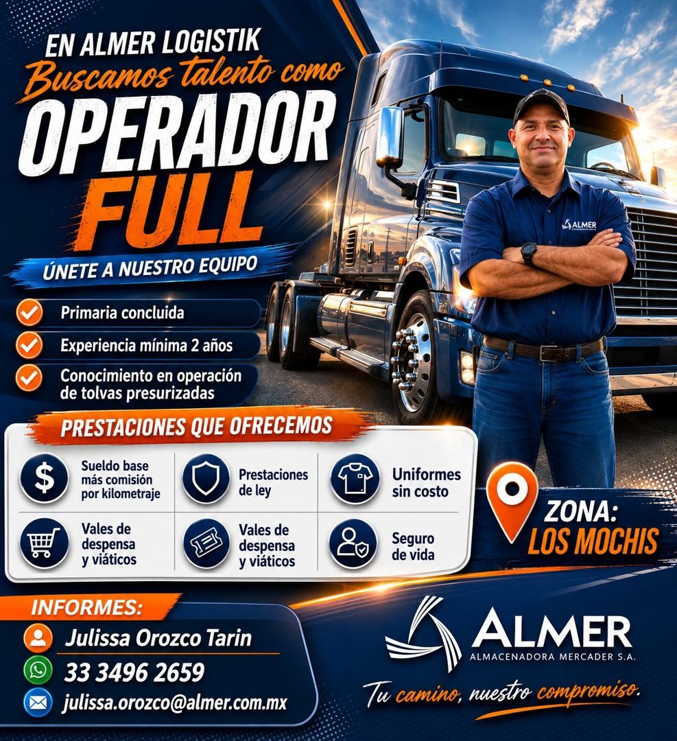 Banner del anuncio de la vacante: EN ALMER LOGISTIK · Buscamos talento como · OPERADOR · FULL · ÚNETE A NUESTRO EQUIPO · Primaria concluida · Experiencia mínima 2 años · Cono