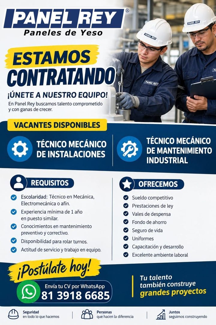 Banner del anuncio de la vacante: PANEL REY · Paneles de Yeso · PANELIREY · IPANE93E3 · ESTAMOS · CONTRATANDO · ¡ÚNETE A NUESTRO EQUIPO! · En Panel Rey buscamos talento compr