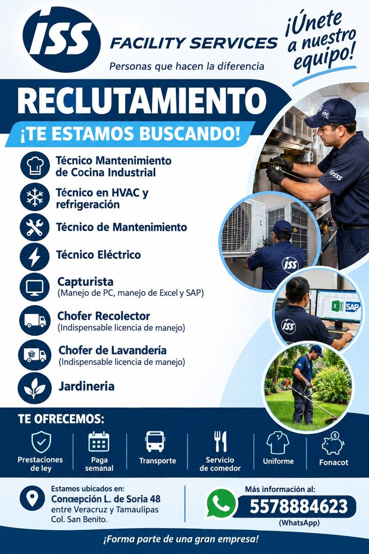 Banner del anuncio de la vacante: iSS · FACILITY SERVICES · Personas que hacen la diferencia · RECLUTAMIENTO · ¡TE ESTAMOS BUSCANDO! · Técnico Mantenimiento · de Cocina Indus