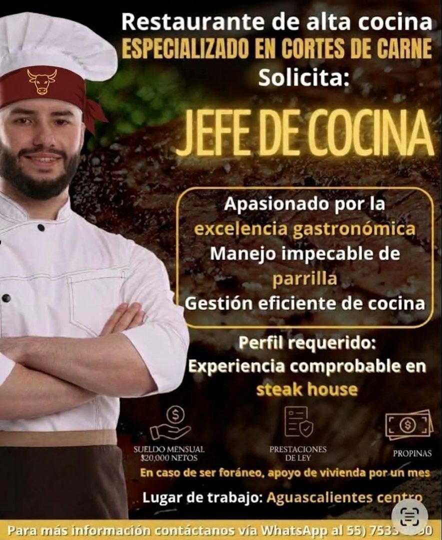 Banner del anuncio de la vacante: Restaurante de alta cocina · ESPECIALIZADO EN CORTES DE CARNE · Solicita: · JEFE DE COCINA · Apasionado por la · excelencia gastronómica · M
