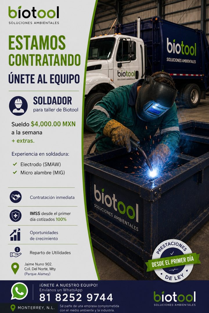 Banner del anuncio de la vacante: biotool · SOLUCIONES AMBIENTALES · ESTAMOS · CONTRATANDO · ÚNETE AL EQUIPO · biotool · SOLUCIONES AMBIENTALES · biotoolg · SOLUCIONES ANBENT