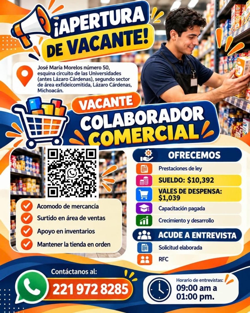Banner del anuncio de la vacante: ¡APERTURA · DE VACANTE! · José María Morelos número 50, · esquina circuito de las Universidades · (antes Lázaro Cárdenas), segundo sector · 