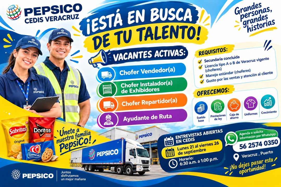 Banner del anuncio de la vacante: Sabritas · Original · PEPSICO · CEDIS VERACRUZ · PEPSICO · ¡ESTÁ EN BUSCA · PEPSICO · DE TU TALENTO! · = VACANTES ACTIVAS: · Chofer Vendedor