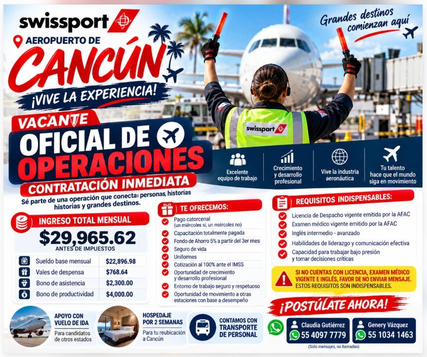 Banner del anuncio de la vacante: swissport · O AEROPUERTO DE · CANCÚN · ¡VIVE LA EXPERIENCIA! · VACANTE · OFICIAL DE · swissport · OPERACIONES · CONTRATACIÓN INMEDIATA · Exc