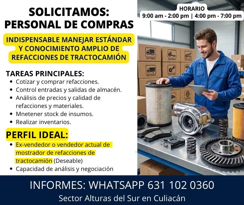 Banner del anuncio de la vacante: SOLICITAMOS: · PERSONAL DE COMPRAS · HORARIO · 9:00 am - 2:00 pm | 4:00 pm - 7:00 pm · INDISPENSABLE MANEJAR ESTÁNDAR · Y CONOCIMIENTO AMPLI