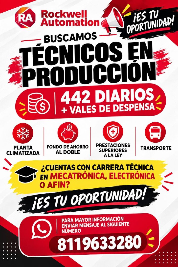 Banner del anuncio de la vacante: RA · RocKwell · Automation · ¡ES TU · OPORTUNIDAD! · BUSCAMOS · TÉCNICOS EN · PRODUCCION · 442 DIARIOS · + VALES DE DESPENSA · PLANTA · CLIM