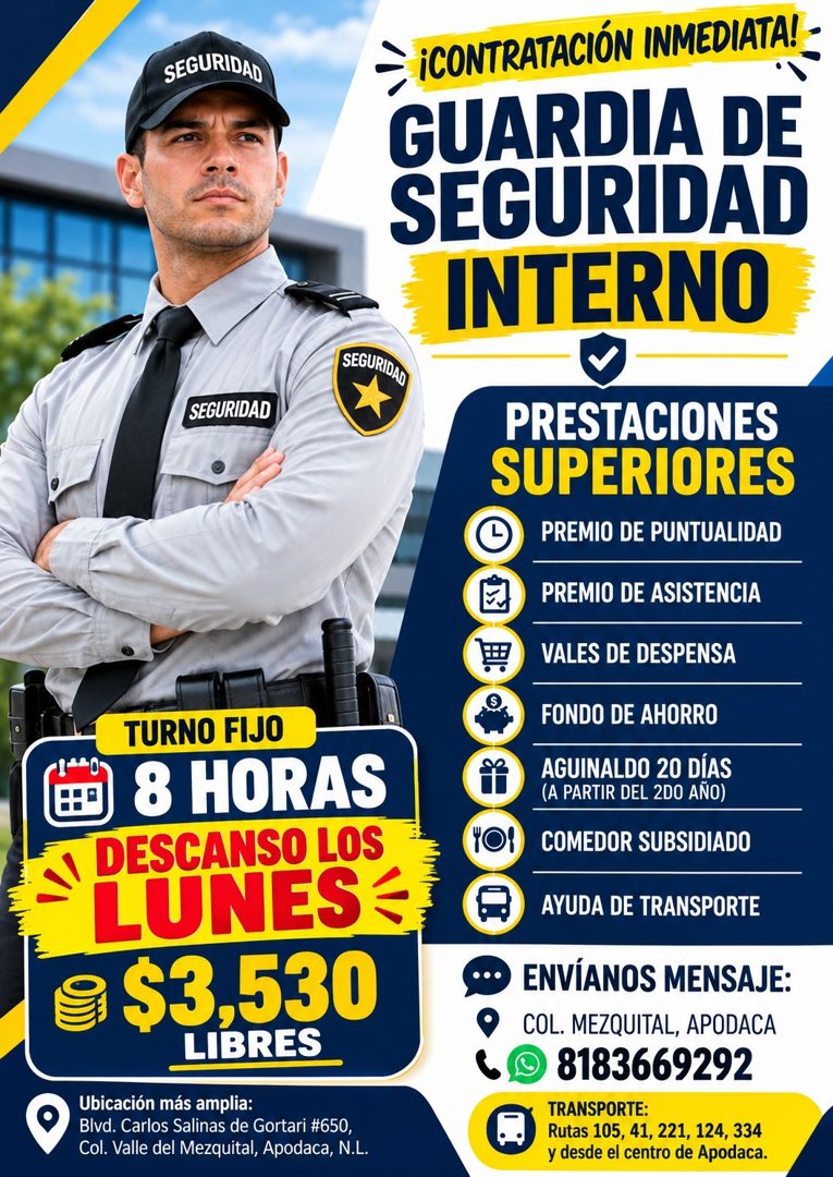 Banner del anuncio de la vacante: SEGURIDAD · → ¡CONTRATACIÓN INMEDIATA! · GUARDIA DE · SEGURIDAD · INTERNO · SEGURIDAD · SEGURIDAD · TURNO FIJO · 8 HORAS · DESCANSO LOS · LU