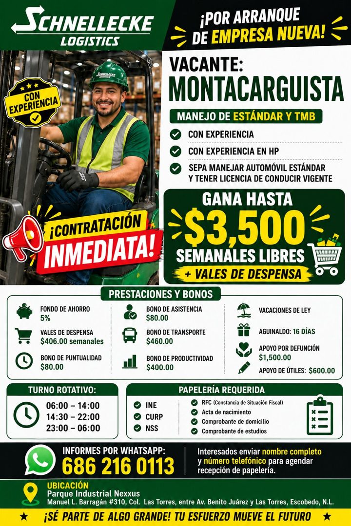 Banner del anuncio de la vacante: SCHNELLECKE · LOGISTICS · CON · EXPERIENCIA · ¡CONTRATACIÓN · INMEDIATA! · ¡POR ARRANQUE · DE EMPRESA NUEVA! · VACANTE: · MONTACARGUISTA · M