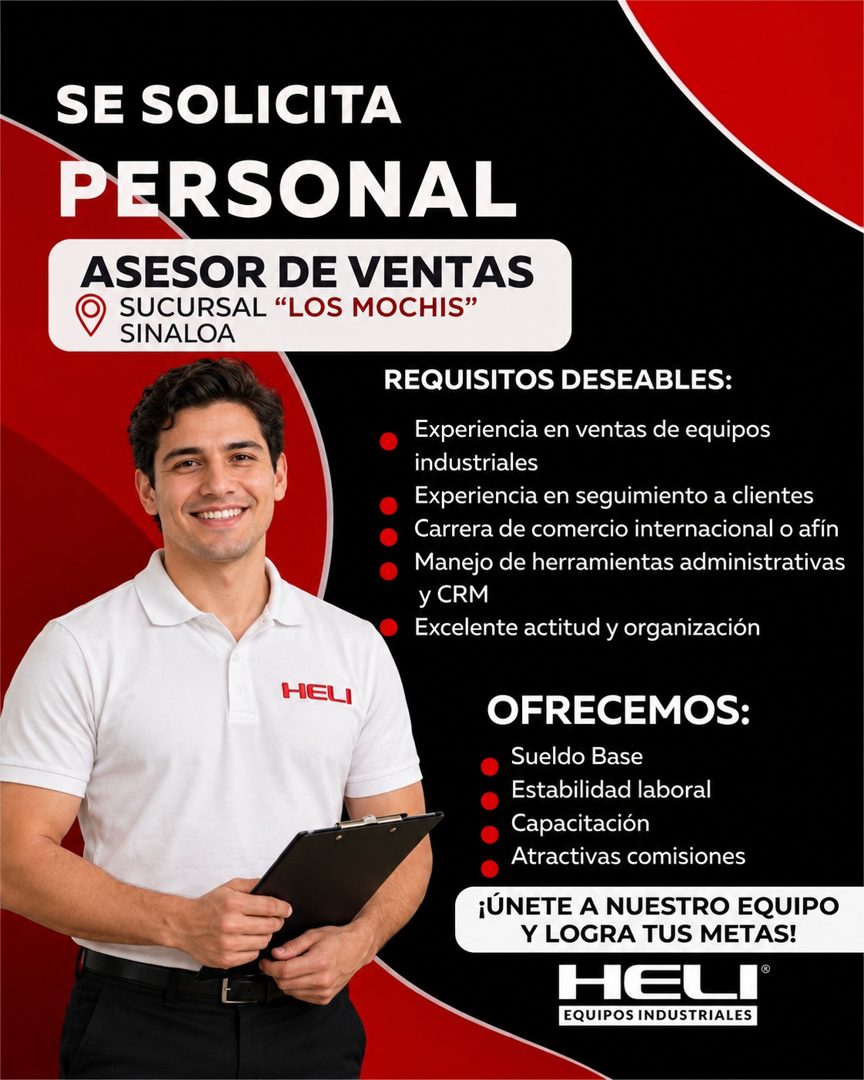 Banner del anuncio de la vacante: SE SOLICITA · PERSONAL · ASESOR DE VENTAS · SUCURSAL "LOS MOCHIS" · SINALOA · REQUISITOS DESEABLES: · • Experiencia en ventas de equipos · i