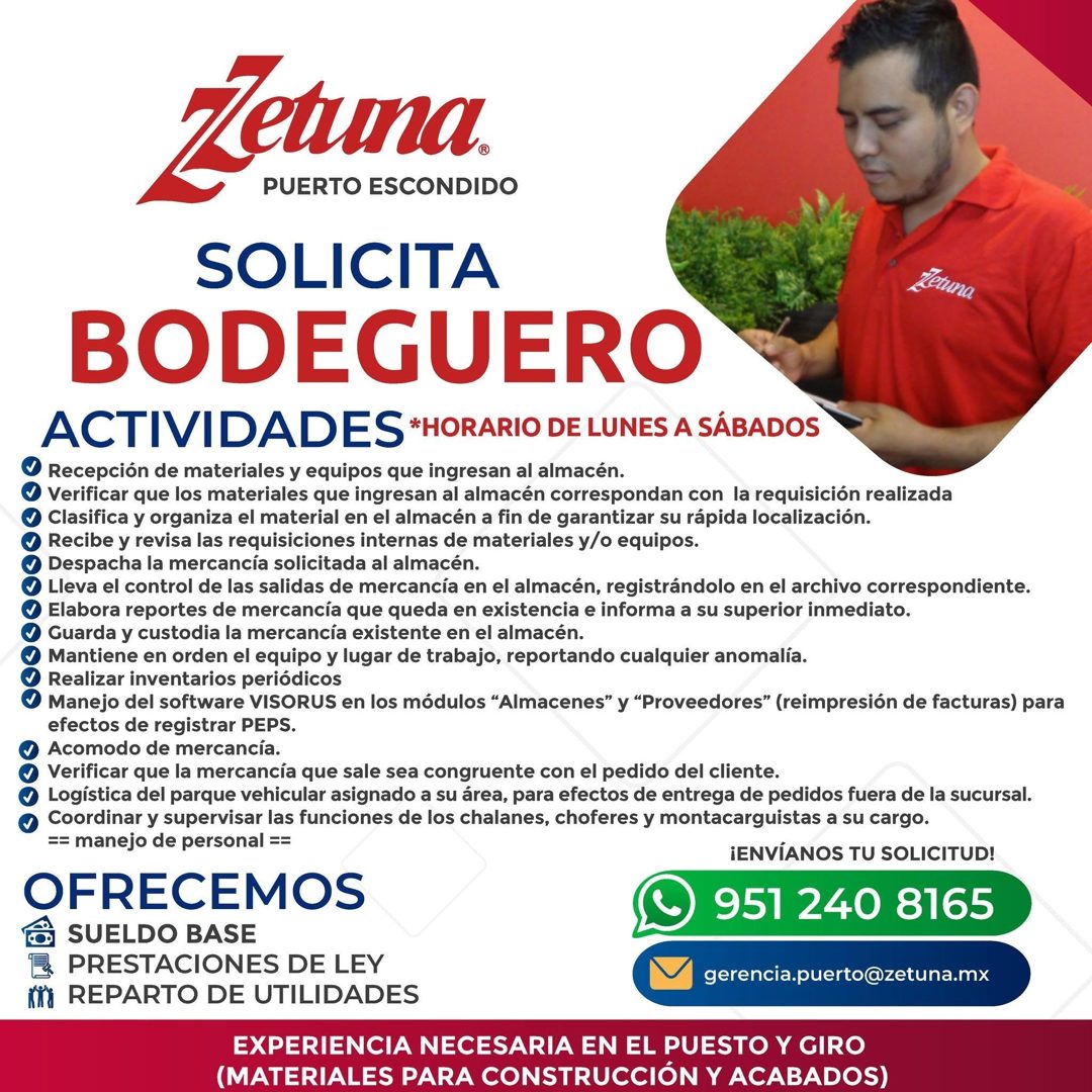 Banner del anuncio de la vacante: Letuna. · PUERTO ESCONDIDO · SOLICITA · Tetuna · BODEGUERO · ACTIVIDADES *HORARIO DE LUNES A SÁBADOS · Recepción de materiales y equipos que