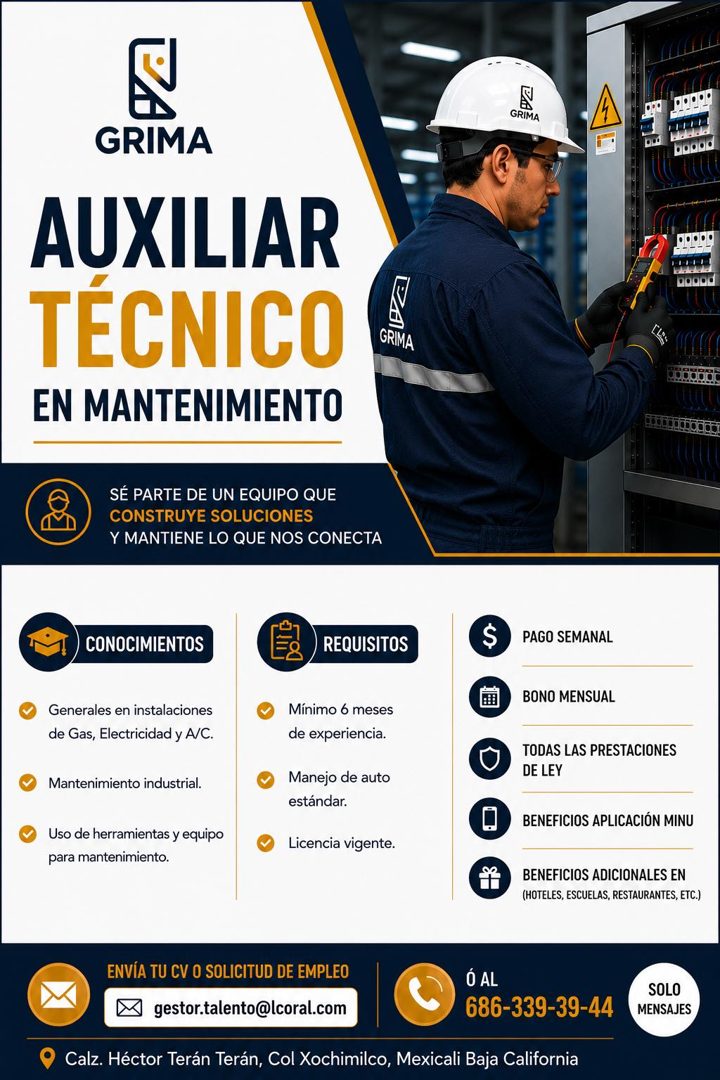 Banner del anuncio de la vacante: GRIMA · GRIMA · AUXILIAR · TÉCNICO ( · EN MANTENIMIENTO · SE PARTE DE UN EQUIPO QUE · CONSTRUYE SOLUCIONES · Y MANTIENE LO QUE NOS CONECTA ·