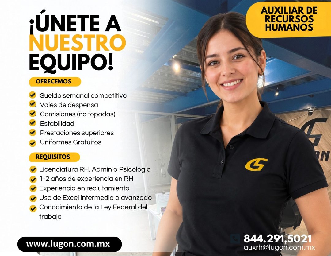 Banner del anuncio de la vacante: ¡ÚNETE A · NUESTRO · EQUIPO! · OFRECEMOS · Sueldo semanal competitivo · Vales de despensa · Comisiones (no topadas) · Estabilidad · Prestaci