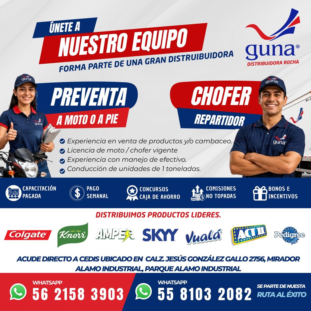 Banner del anuncio de la vacante: ÚNETE A · NUESTRO EQUIPO · FORMA PARTE DE UNA GRAN DISTRUIBUIDORA · guna · guna® · DISTRIBUIDORA ROCHA · guna · PREVENTA · CHOFER · A MOTO O