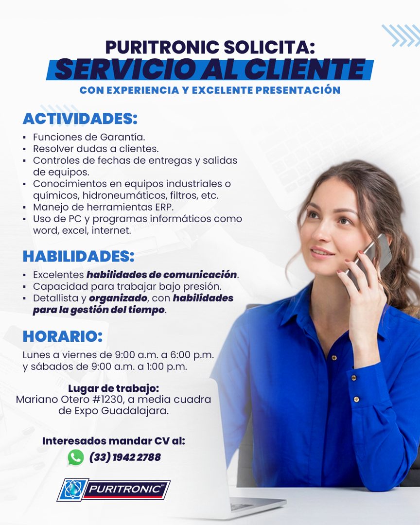 Banner del anuncio de la vacante: PURITRONIC SOLICITA: · SERVICIO AL CLIENTE · CON EXPERIENCIA Y EXCELENTE PRESENTACIÓN · ACTIVIDADES: · • Funciones de Garantía. · • Resolver