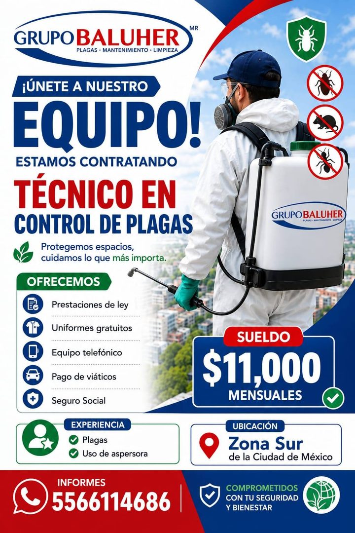 Banner del anuncio de la vacante: MR · GRUPOBALUHER · PLAGAS • MANTENIMIENTO • LIMPIEZA · ¡ÚNETE A NUESTRO · EQUIPO! · ESTAMOS CONTRATANDO · TÉCNICO EN · CONTROL DE PLAGAS · 