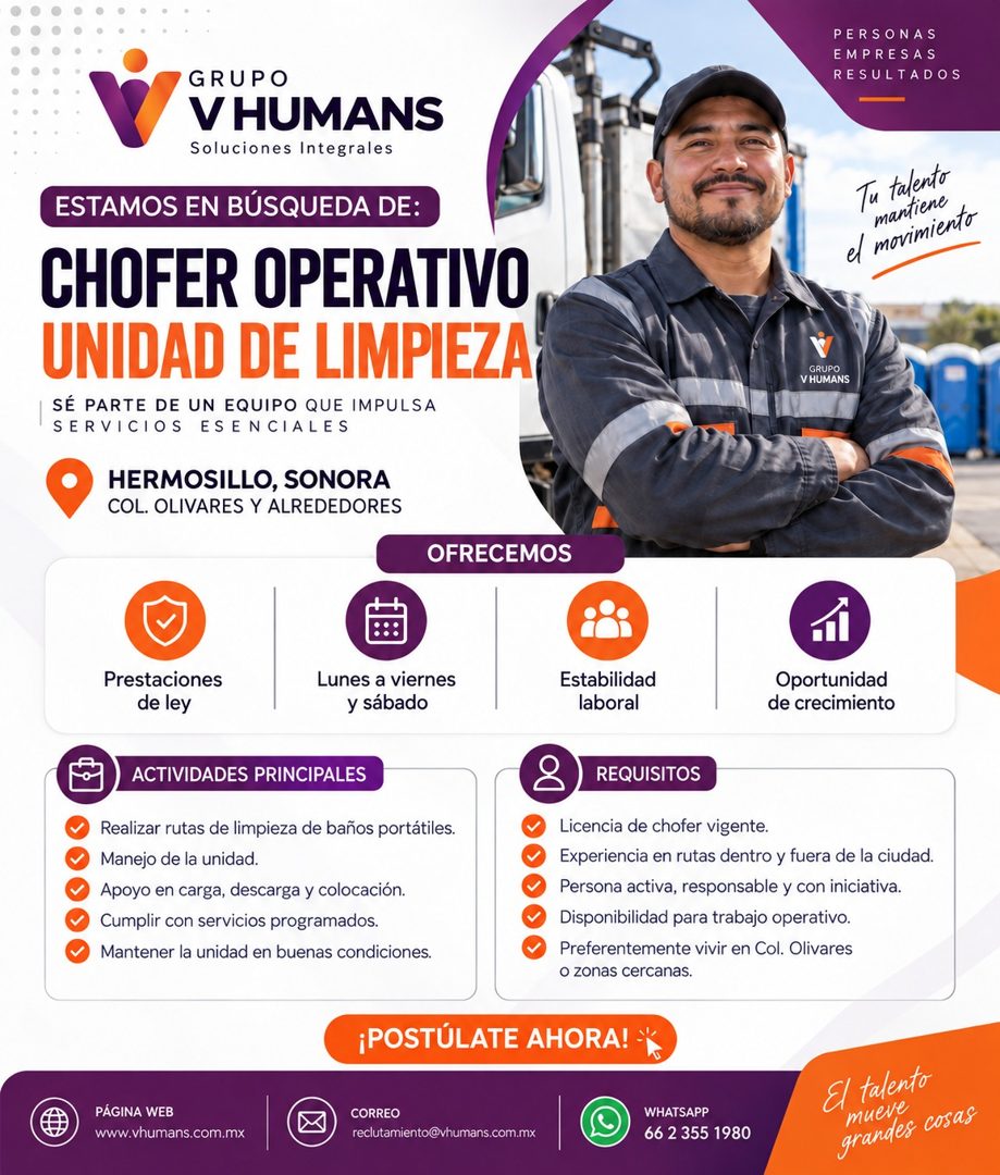 Banner del anuncio de la vacante: PERSONAS · EMPRESAS · RESULTADOS · GRUPO · V HUMANS · Soluciones Integrales · ESTAMOS EN BÚSQUEDA DE: · CHOFER OPERATIVO · UNIDAD DE LIMPIEZ