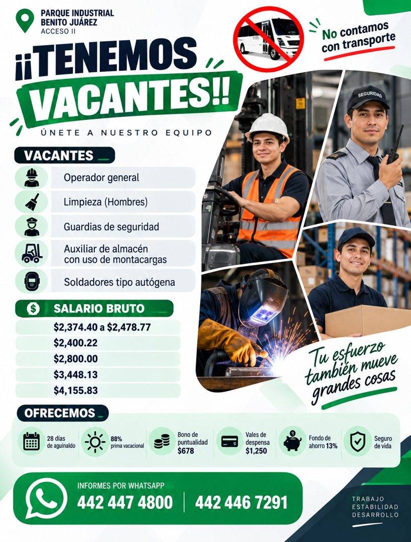 Banner del anuncio de la vacante: PARQUE INDUSTRIAL · BENITO JUAREZ · ACCESO II · ¡¡TENEMOS " · VACANTES!! · ÚNETE A NUESTRO EQUIPO · VACANTES · Operador general · Limpieza (