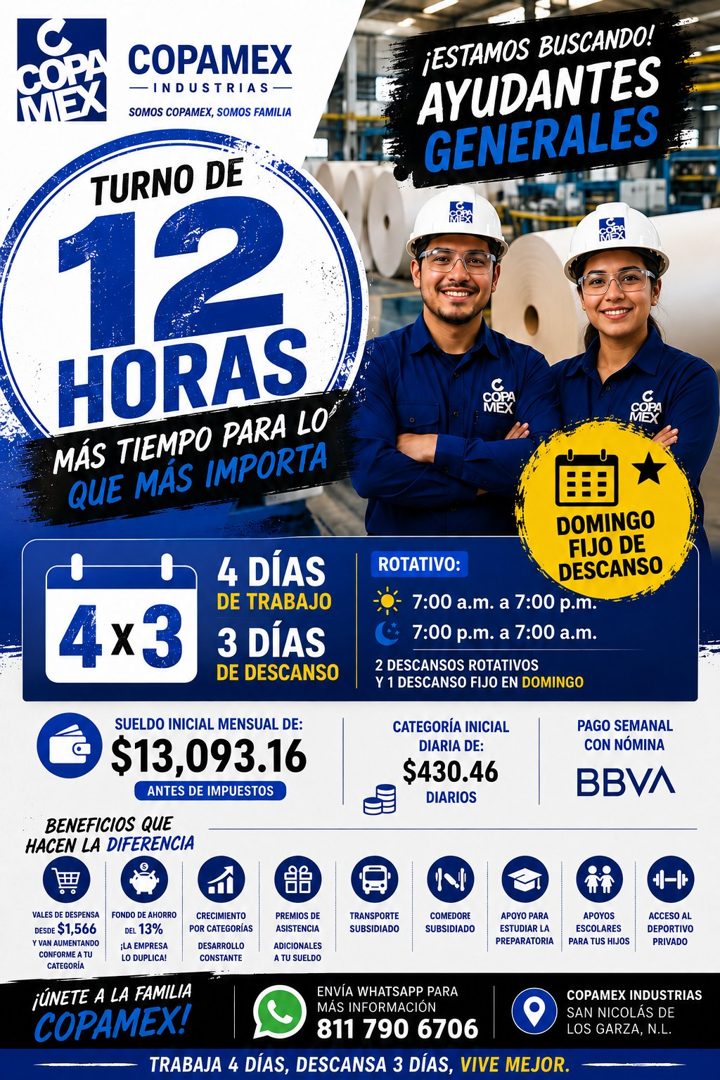 Banner del anuncio de la vacante: COR · MEX · COPAMEX · —INDUSTRIAS — · SOMOS COPAMEX, SOMOS FAMILIA · ¡ESTAMOS BUSCANDO! · AYUDANTES · GENERALES · TURNO DE · 12 · HORAS · MÁ