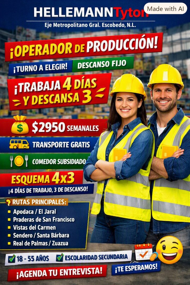 Banner del anuncio de la vacante: HELLEMANN Tytor · Made with Al · Eje Metropolitano Gral. Escobedo, N.L. · ¡OPERADOR DE PRODUCCIÓN! · ¡TURNO A ELEGIR! · DESCANSO FIJO · ¡TRA