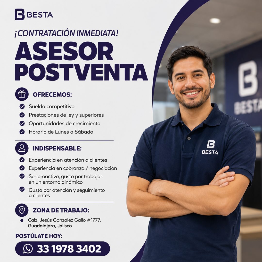 Banner del anuncio de la vacante: I3 BESTA · ¡CONTRATACIÓN INMEDIATA! · ASESOR · POSTVENTA · OFRECEMOS: · Sueldo competitivo · Prestaciones de ley y superiores · Oportunidade