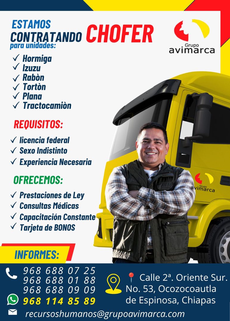 Banner del anuncio de la vacante: ESTAMOS · CONTRATANDO CHOFER · para unidades: · • Hormiga · V Izuzu · v Rabòn · • Tortòn · v Plana · v Tractocamiòn · Grupo · avimarca · REQ