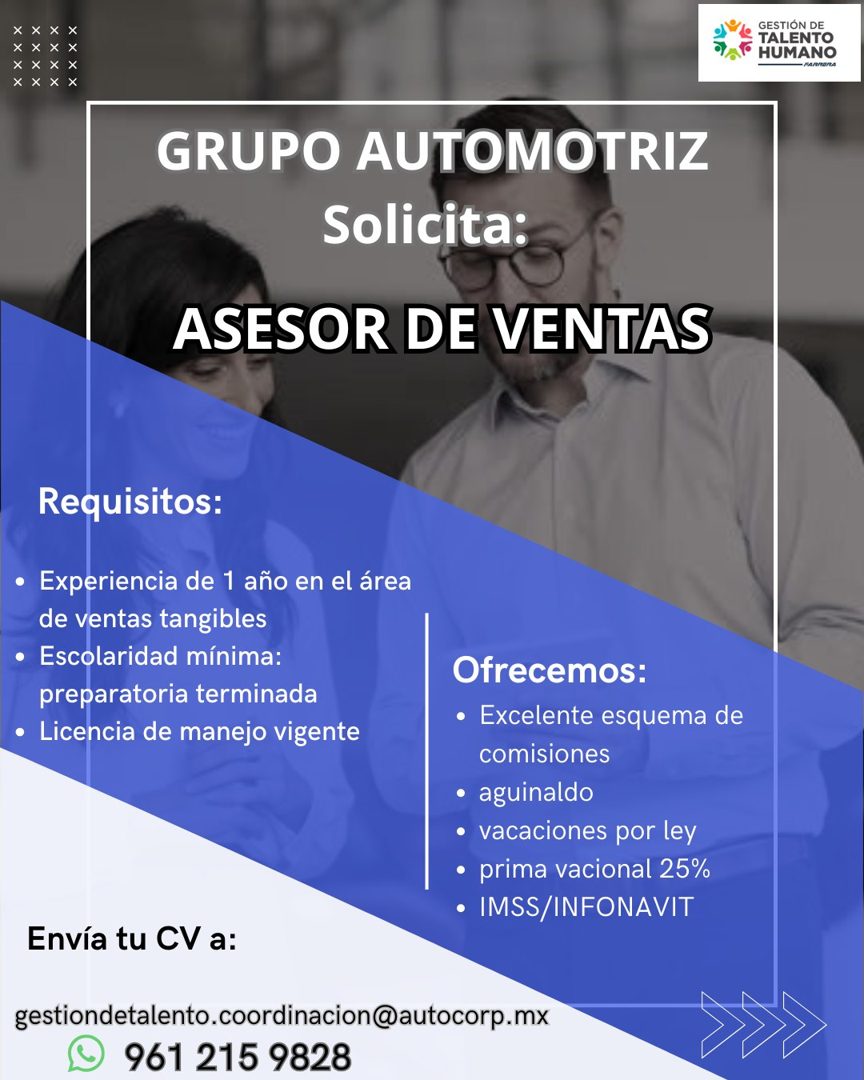 Banner del anuncio de la vacante: GESTIÓN DE · TALENTO · HUMANO · - PARRARA · GRUPO AUTOMOTRIZ · Solicita: · ASESOR DE VENTAS · Requisitos: · • Experiencia de 1 año en el áre