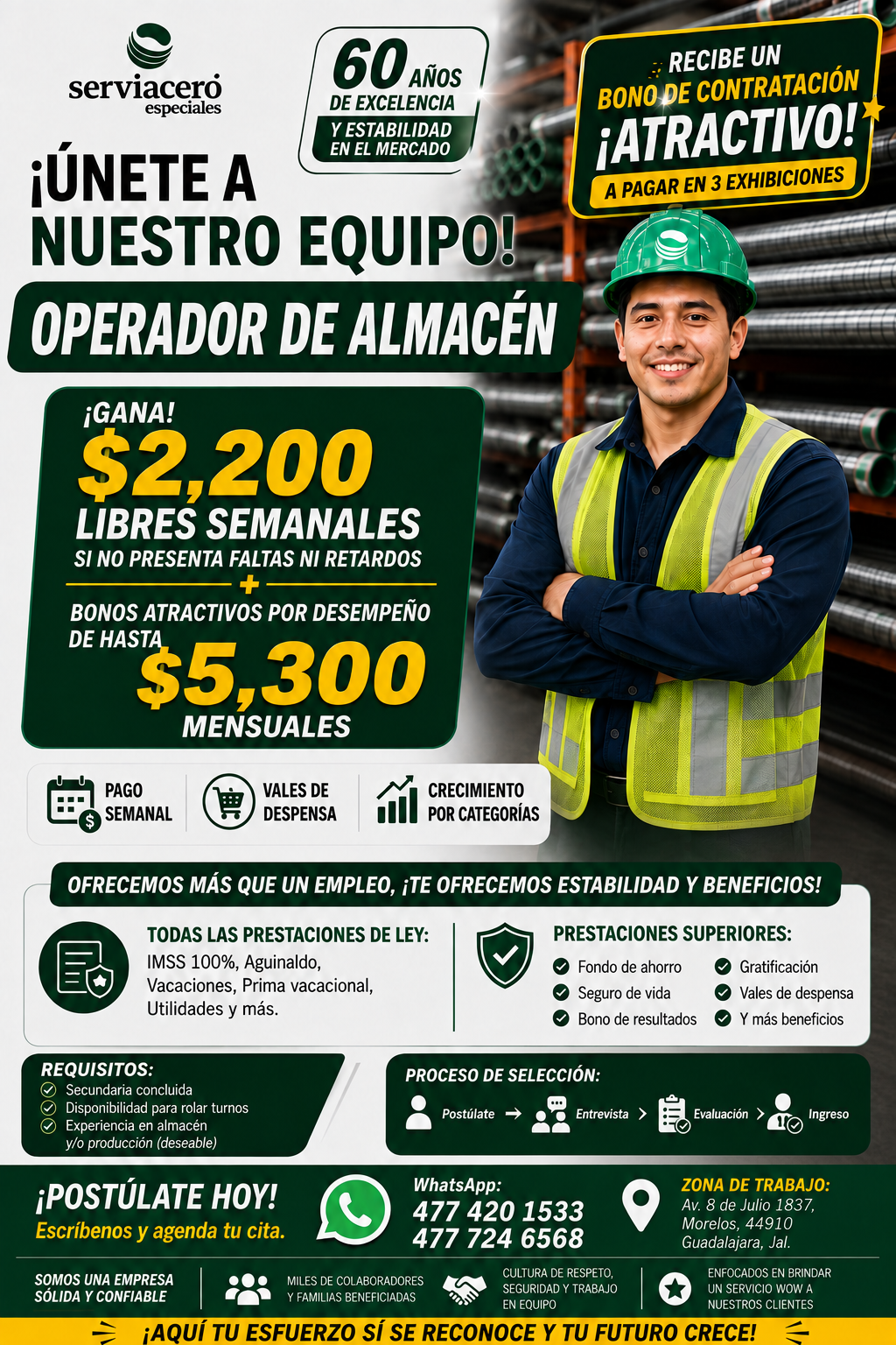 Banner del anuncio de la vacante: serviacero · especiales · 60 AÑOS · DE EXCELENCIA · Y ESTABILIDAD · EN EL MERCADO · ¡ÚNETE A · NUESTRO EQUIPO! · OPERADOR DE ALMACÉN · ¡GANA