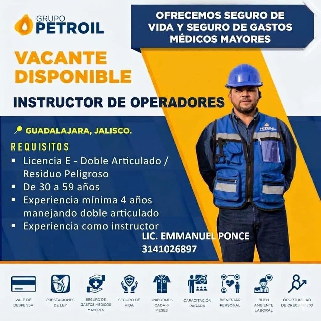 Banner del anuncio de la vacante: GRUPO · PETROIL · OFRECEMOS SEGURO DE · VIDA Y SEGURO DE GASTOS · MÉDICOS MAYORES · VACANTE · DISPONIBLE · INSTRUCTOR DE OPERADORES · • GUAD