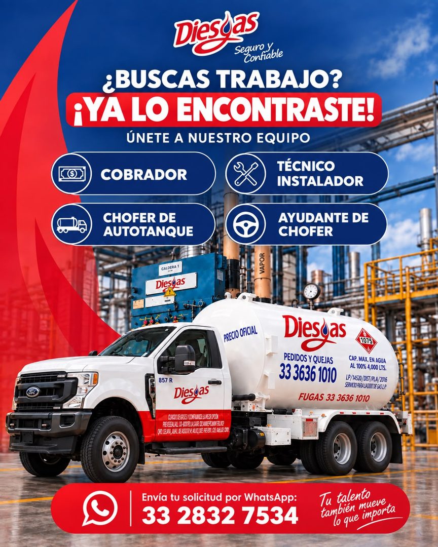 Banner del anuncio de la vacante: Diestas · Confiable · ¿BUSCAS TRABAJO? · ¡YA LO ENCONTRASTE! · ÚNETE A NUESTRO EQUIPO · COBRADOR · TÉCNICO · INSTALADOR · AYUDANTE DE · CHOF