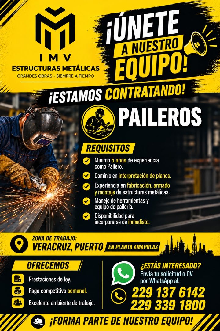 Banner del anuncio de la vacante: M · I M V · ESTRUCTURAS METÁLICAS · GRANDES OBRAS - SIEMPRE A TIEMPO · FÚNETE · A NUESTRO · EQUIPO! · ¡ESTAMOS CONTRATANDO! · PAILEROS · REQ