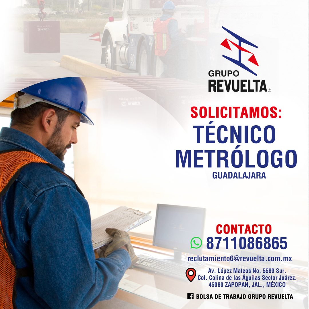 Banner del anuncio de la vacante: 1000 kg n= 10 000 e · 3E REVUELTA · 1000 kg n= 10 000 € · BE| REVUELTA · GRUPO · REVUELTA® · SOLICITAMOS: · TÉCNICO · METRÓLOGO · GUADALAJAR