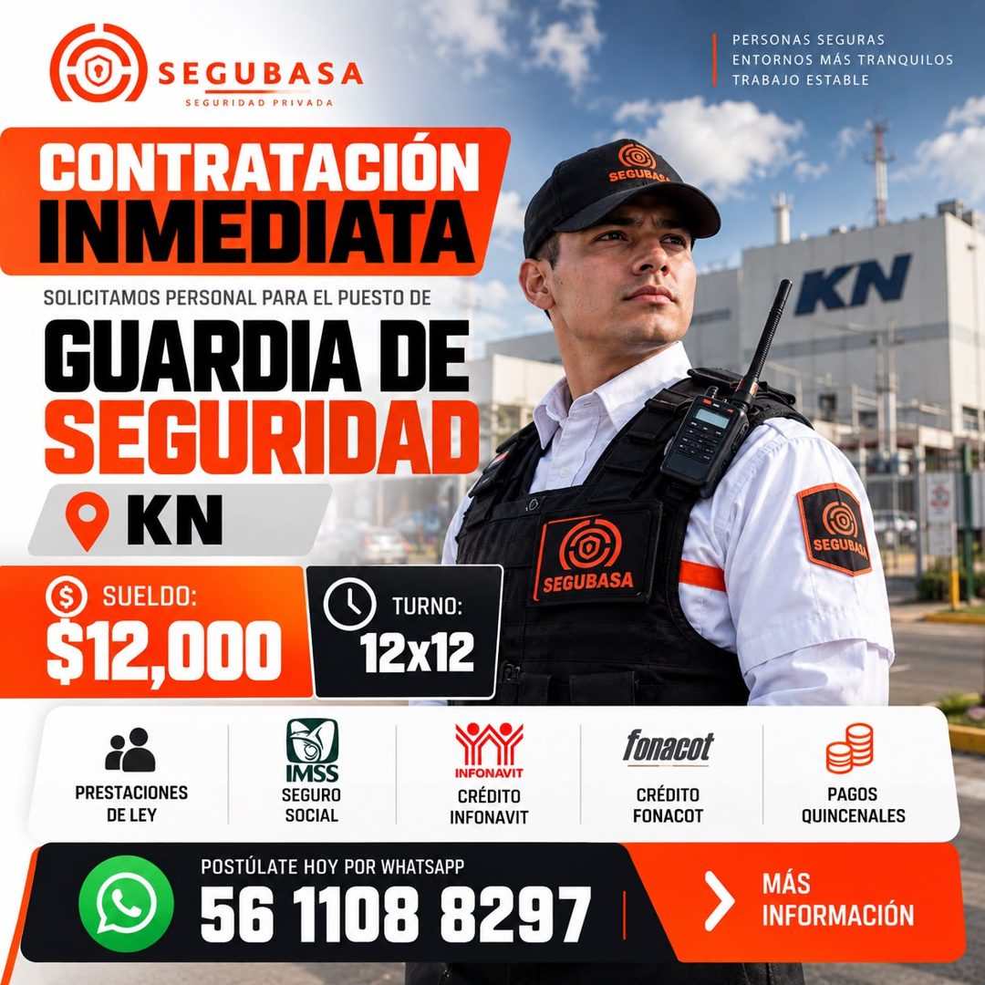 Banner del anuncio de la vacante: PERSONAS SEGURAS · ENTORNOS MÁS TRANQUILOS · TRABAJO ESTABLE · SEGUBASA · SEGURIDAD PRIVADA · CONTRATACIÓN · INMEDIATA · SOLICITAMOS PERSONA