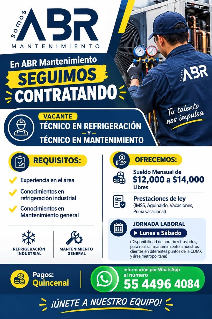 Banner del anuncio de la vacante: ABR · MANTENIMIENTO · En ABR Mantenimiento · SEGUIMOS · = CONTRATANDO= · ABR · VACANTE · TÉCNICO EN REFRIGERACIÓN · - Y - · TÉCNICO EN MANTE