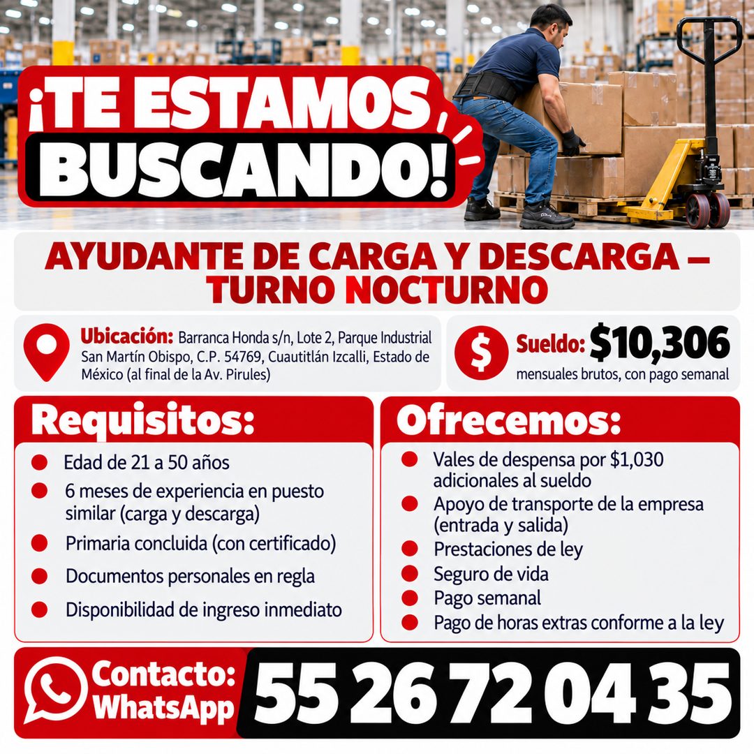 Banner del anuncio de la vacante: ¡TE ESTAMOS, · BUSCANDO! · AYUDANTE DE CARGA Y DESCARGA - · TURNO NOCTURNO · Ubicación: Barranca Honda s/n, Lote 2, Parque Industrial · San 
