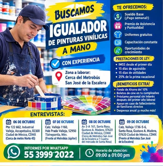 Banner del anuncio de la vacante: BUSCAMOS · IGUALADOR · DE PINTURAS VINÍLICAS · A MANO · CON EXPERIENCIA · Zona a laborar: · Cerca del Metrobús · San José de la Escalera · 0