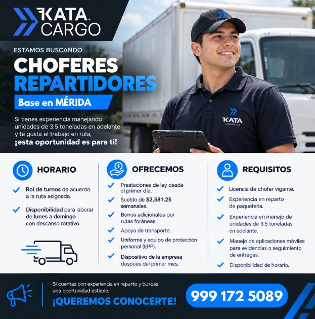 Banner del anuncio de la vacante: KATA · CARGO · ESTAMOS BUSCANDO · CHOFERES · REPARTIDORES · Base en MÉRIDA · Si tienes experiencia manejando · unidades de 3.5 toneladas en 